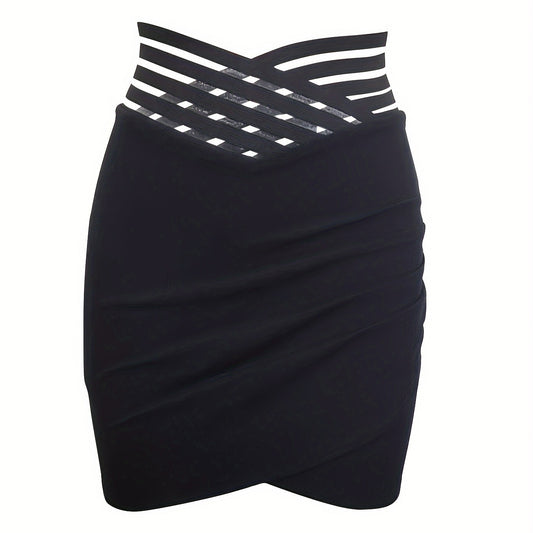 Black asymmetric hem skirt for women with striped waistband and fitted design