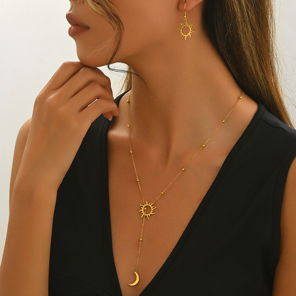 18K gold sun and moon jewelry set featuring sun pendant necklace and matching sun earrings