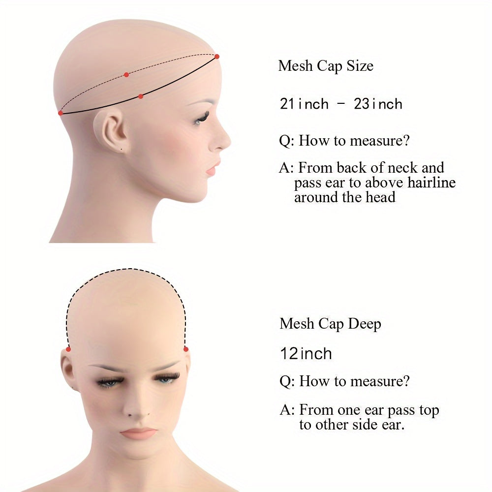 Diagram showing how to measure head size for synthetic wig with bangs for daily wear mesh cap