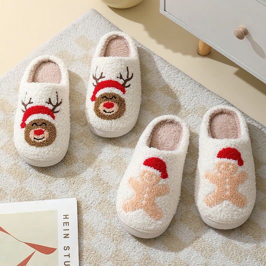 Christmas Santa slippers for couples featuring cozy reindeer and gingerbread designs in white plush material