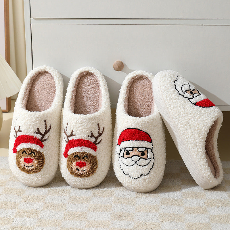 Christmas Santa slippers for couples with cozy fleece and festive reindeer and Santa designs