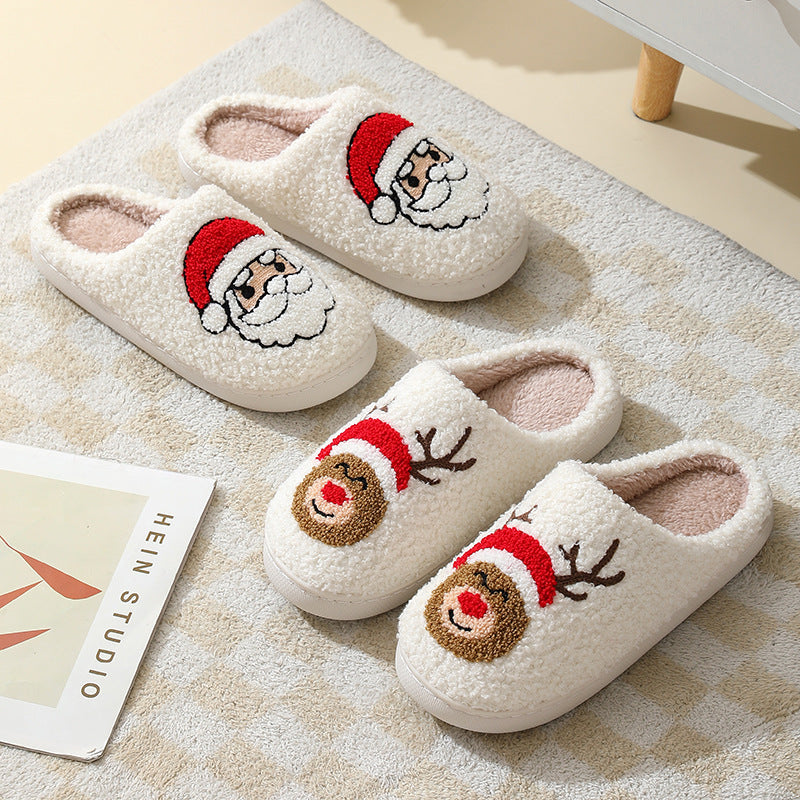 Cozy Christmas Santa slippers for couples with Santa and reindeer designs on soft white fleece