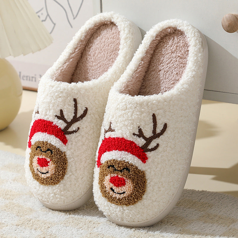 Soft white Christmas Santa slippers for couples with reindeer face and red hat design