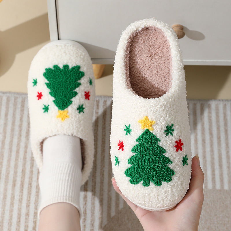 Christmas Santa slippers for couples in white with green Christmas tree and colorful star decorations