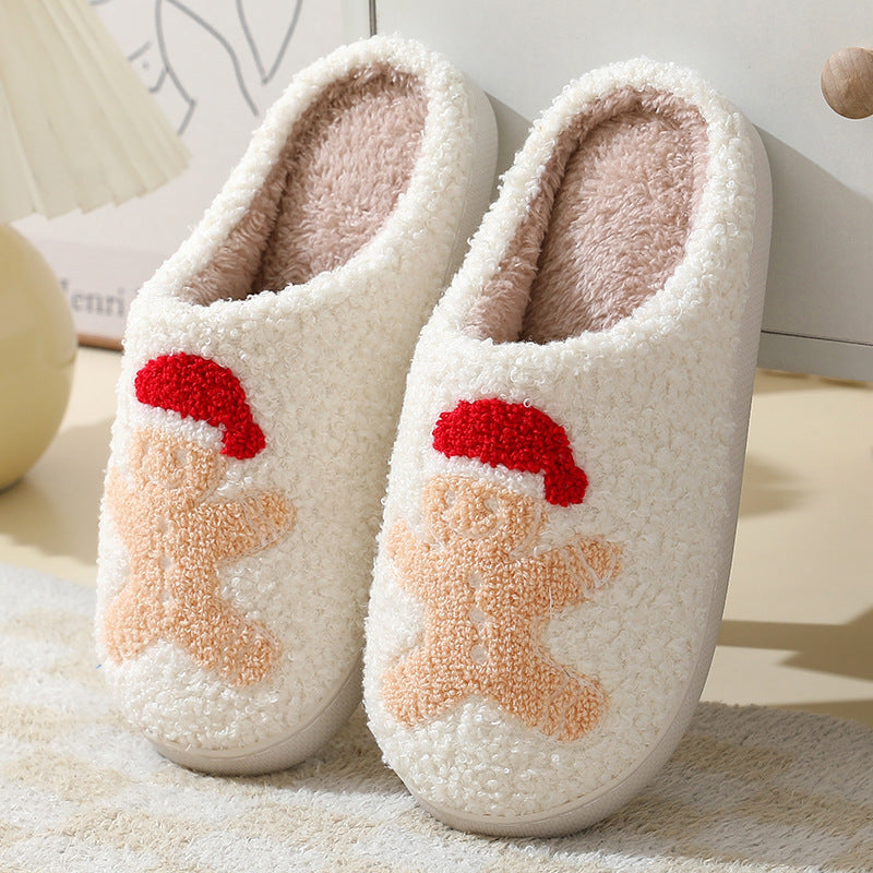 Cozy cream Christmas Santa slippers for couples with red hat design and soft plush lining
