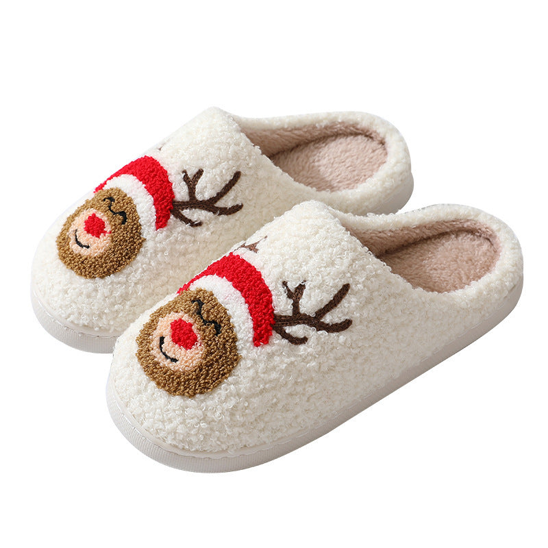Soft white Christmas Santa slippers for couples with reindeer face design and cozy lining