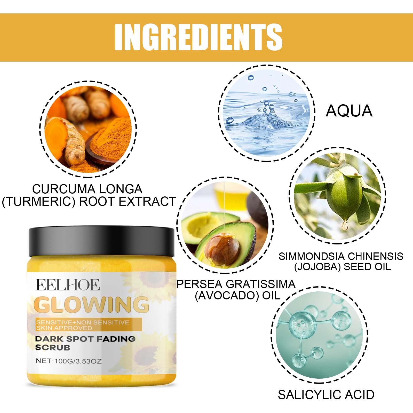 Luniva Care USA Eelhoc Glowing Dark Spot Fading Scrub with turmeric root extract avocado oil jojoba seed oil and salicylic acid best skincare scrub for radiant complexion