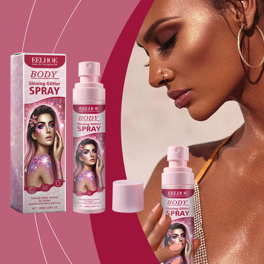 LUNIVA CARE USA glitter highlighter spray bottle with model showcasing shimmering skin glow