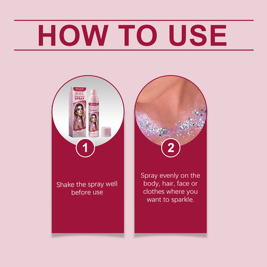 Luniva Care USA glitter highlighter spray shown with usage instructions and applied glitter on skin