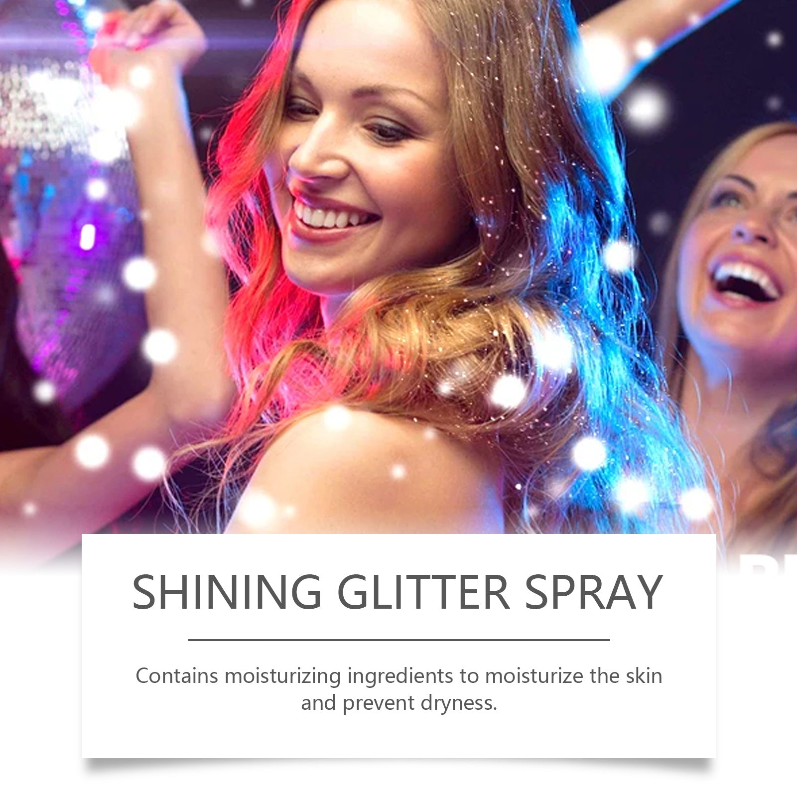 LUNIVA CARE USA glitter highlighter spray adding sparkling glow on smiling woman’s face at party