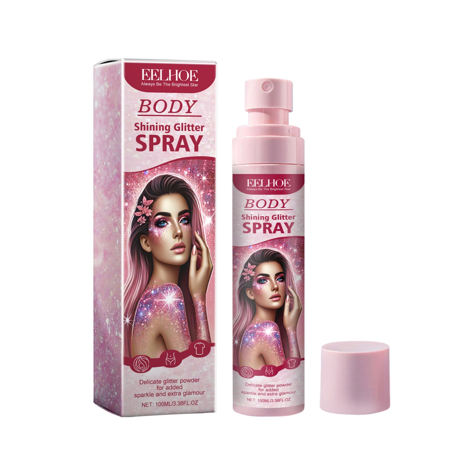 LUNIVA CARE USA glitter highlighter spray bottle and packaging with pink glitter design