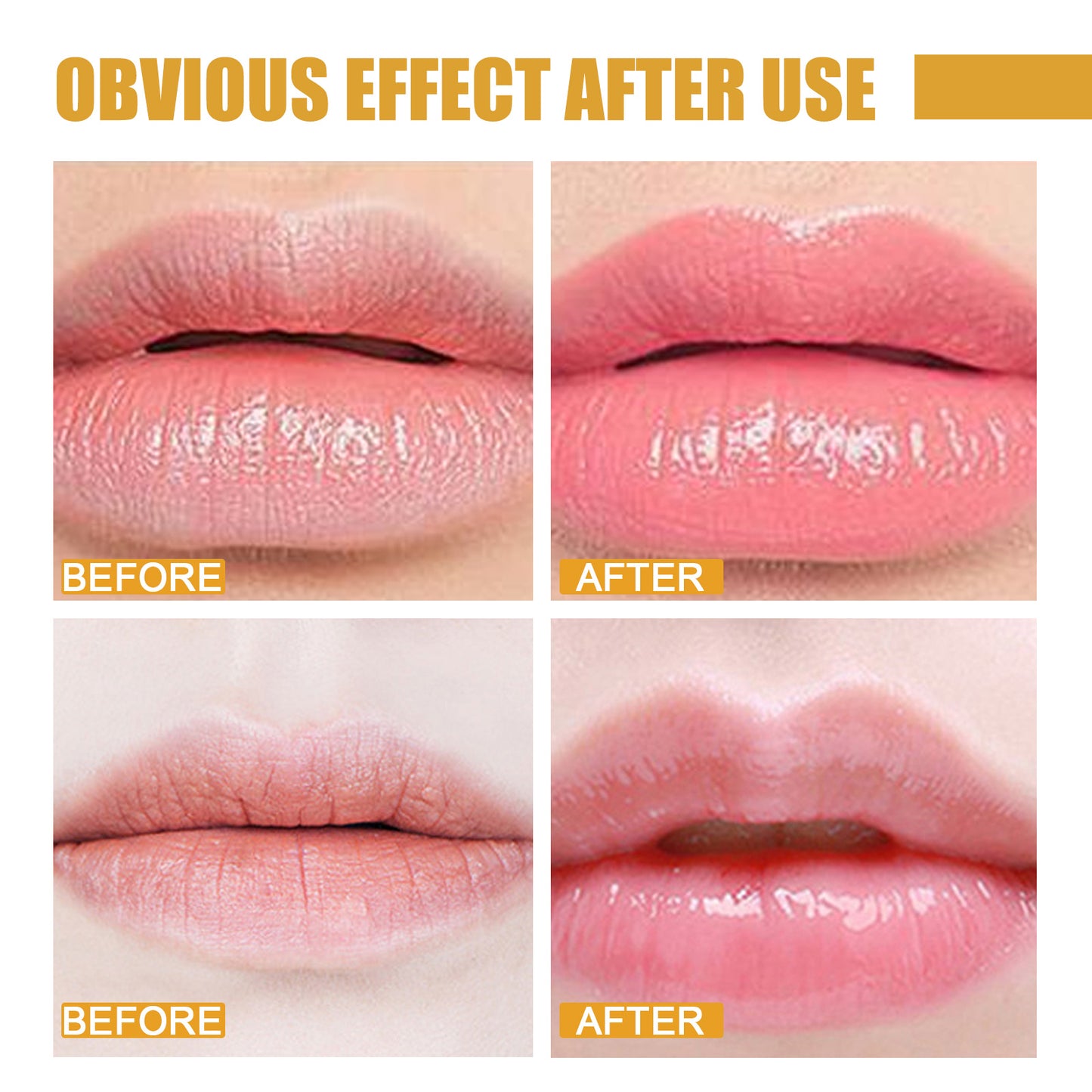 Before and after close-up images showing smooth, hydrated lips using honey lip mask overnight by LUNIVA CARE USA