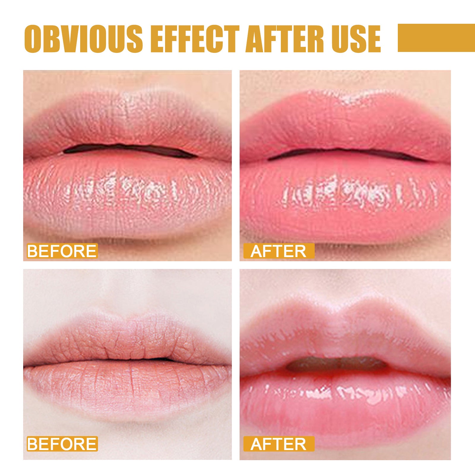 Before and after close-up images showing smooth, hydrated lips using honey lip mask overnight by LUNIVA CARE USA