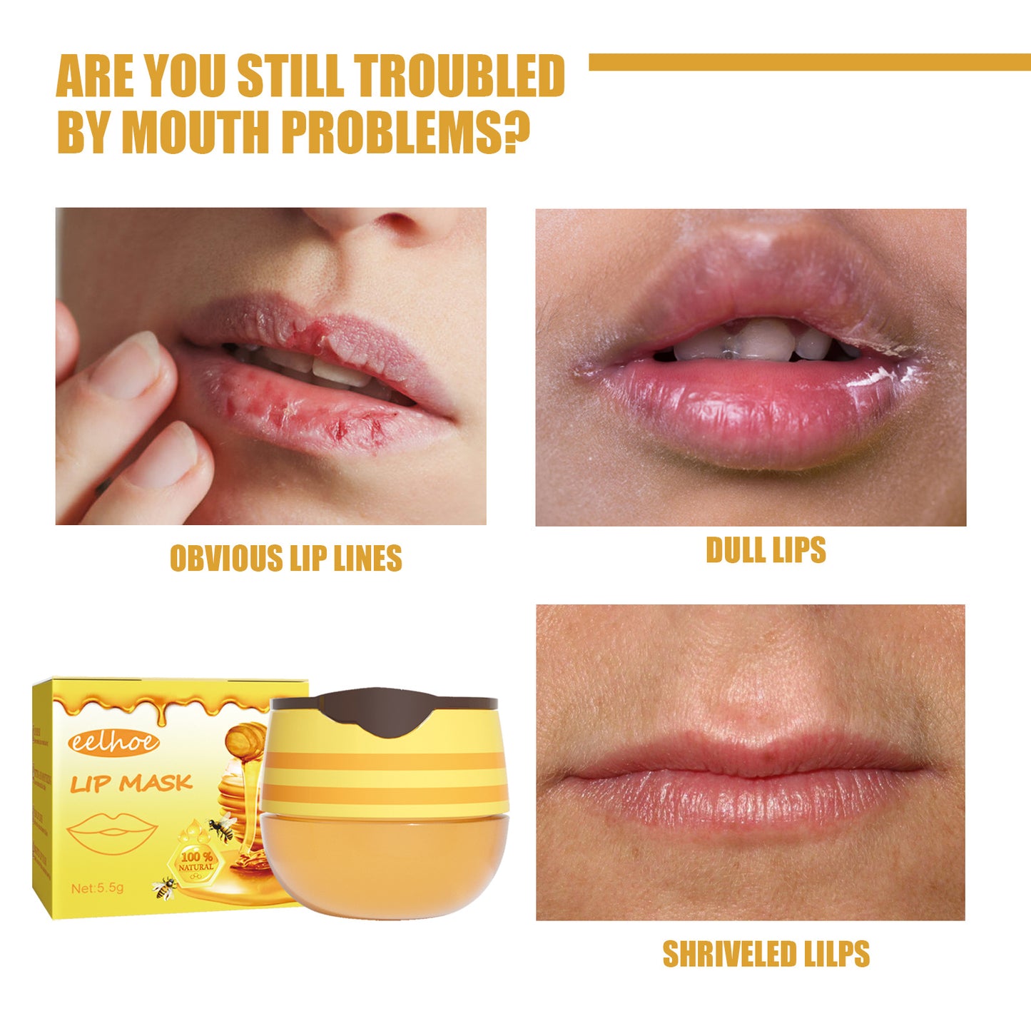 Luniva Care USA honey lip mask overnight with images showing obvious lip lines dull lips and shriveled lips