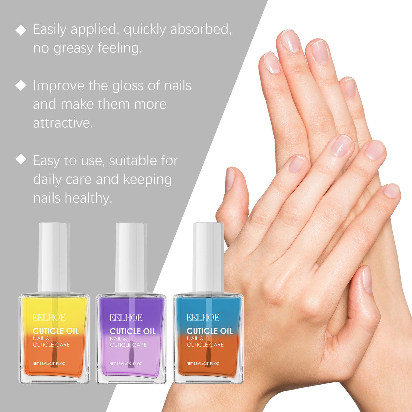 LUNIVA CARE USA hydrating cuticle oil for damaged nails in three colors with smooth, healthy hands