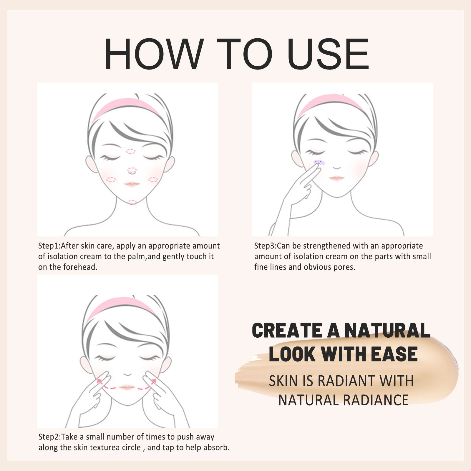 Instructional image showing how to apply long-lasting makeup base for glowing skin by Luniva Care USA