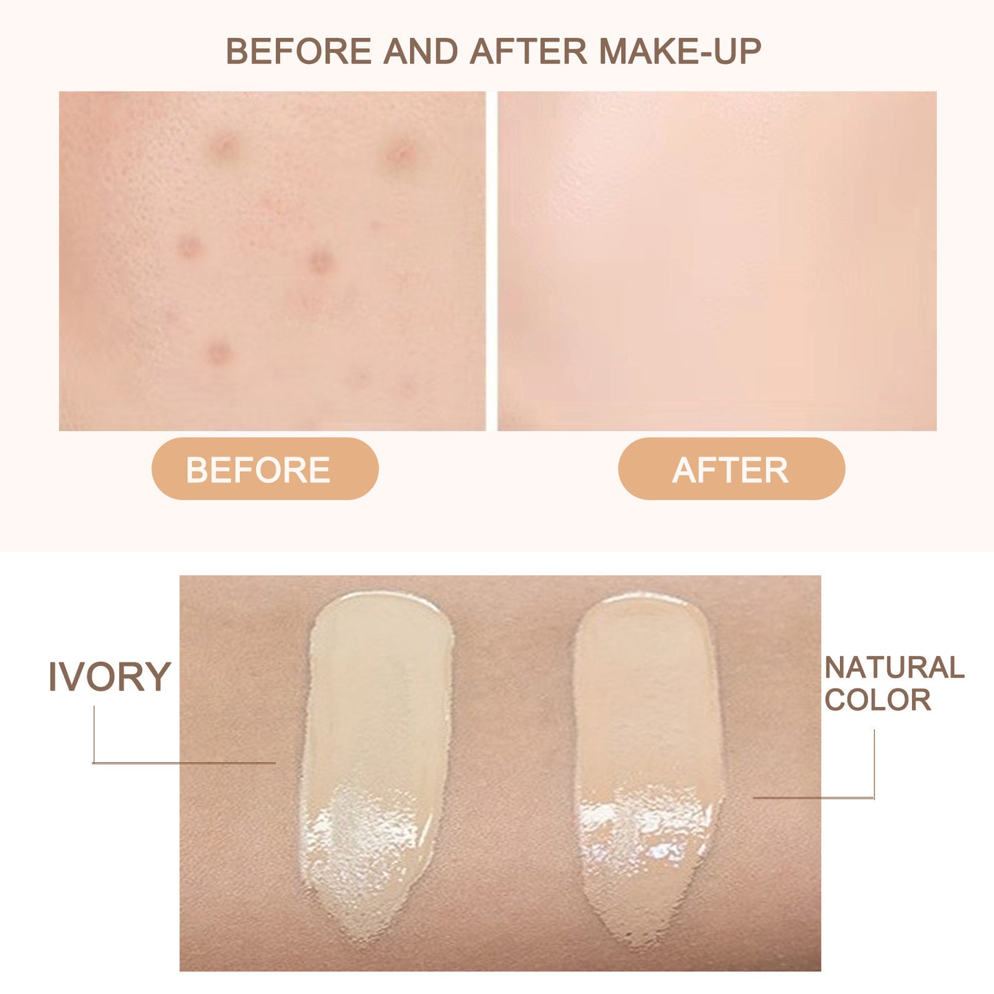 LUNIVA CARE USA long-lasting makeup base for glowing skin showing before and after application with ivory and natural color shades