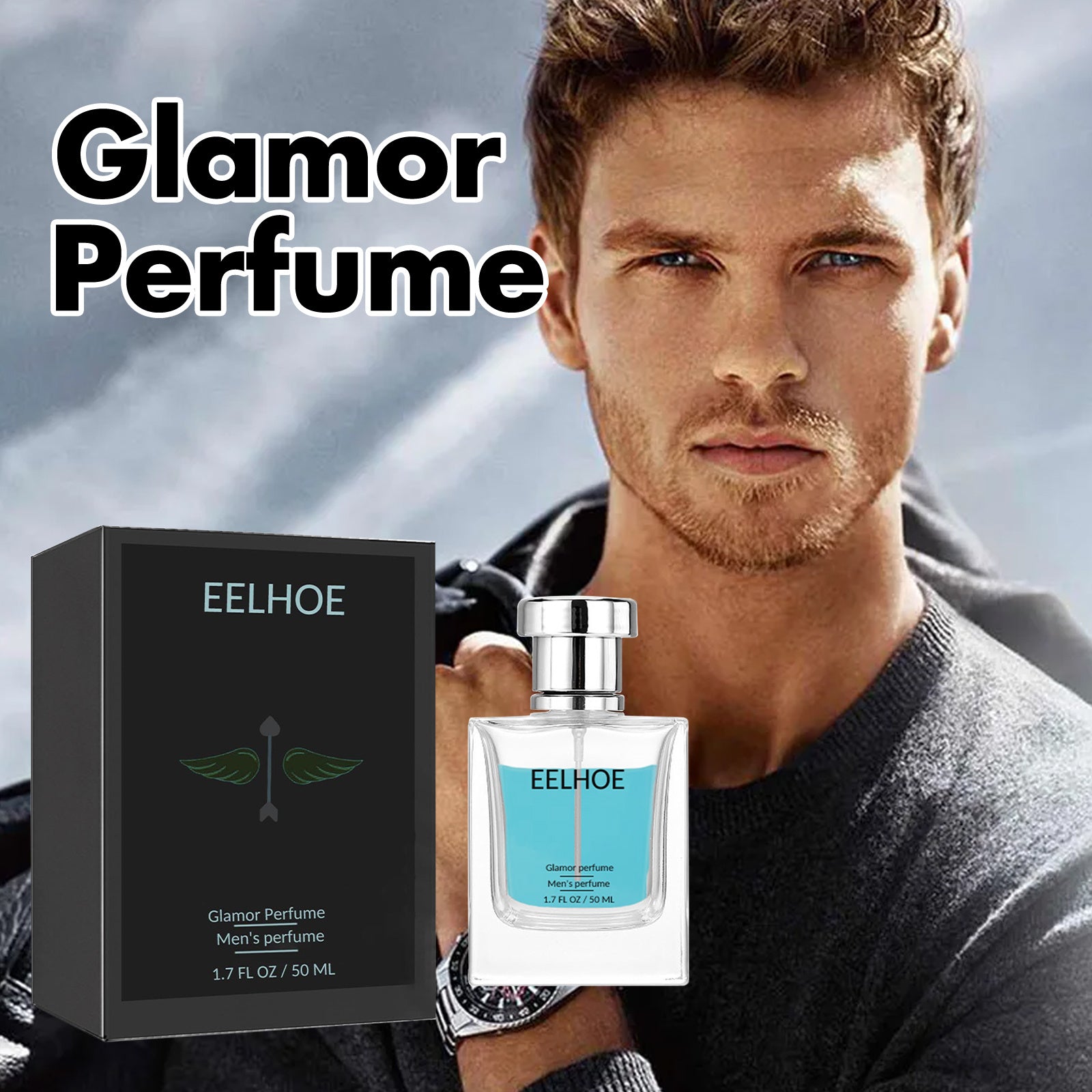 LUNIVA CARE USA pheromone perfume for men and women with EELHOE bottle and packaging beside male model