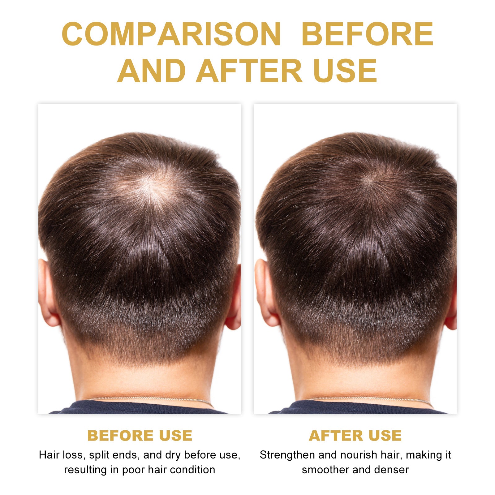 Before and after comparison of hair showing improved thickness using scalp repair serum for hair loss by LUNIVA CARE USA