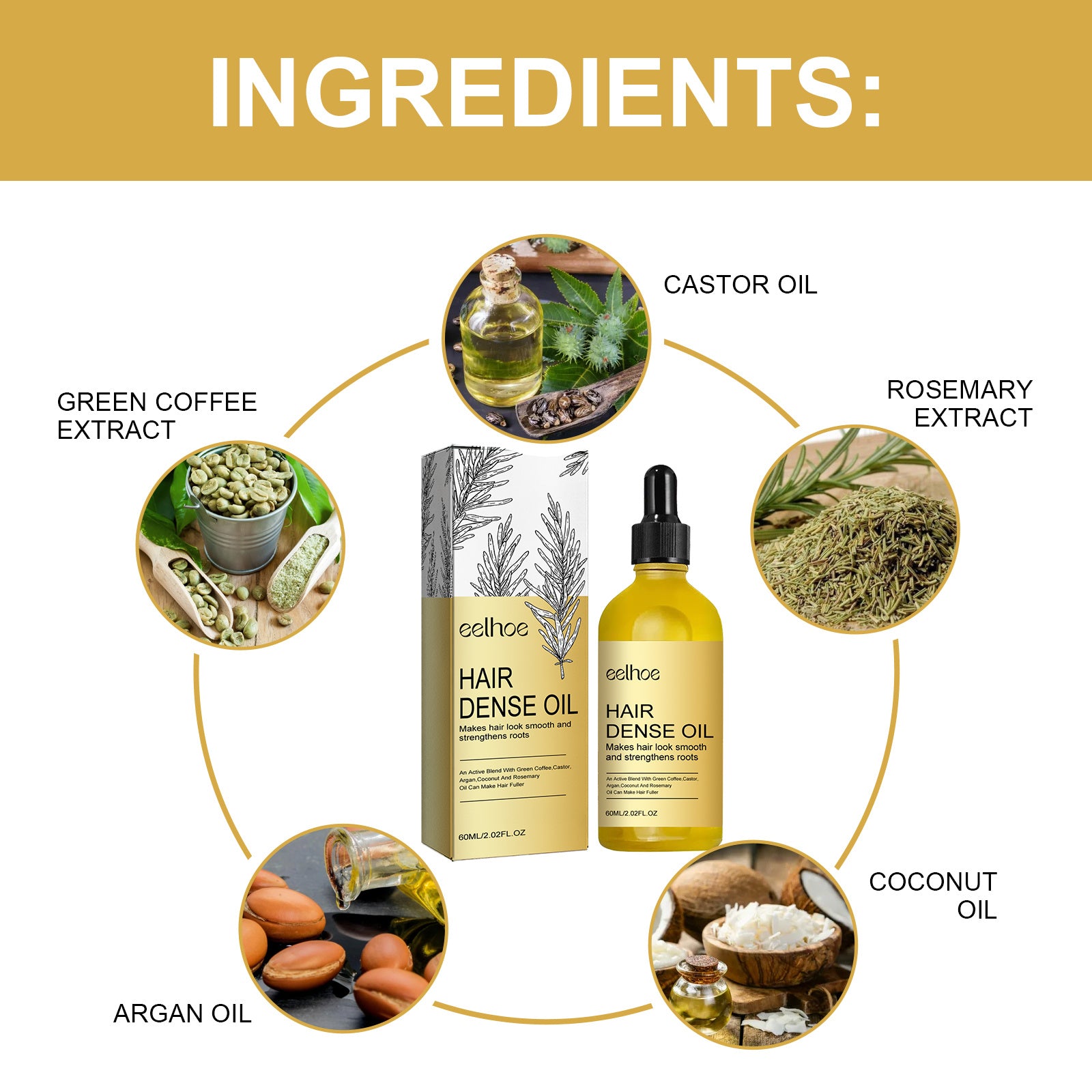 LUNIVA CARE USA scalp repair serum for hair loss showing hair dense oil with castor oil, rosemary extract, coconut oil, argan oil, and green coffee extract ingredients