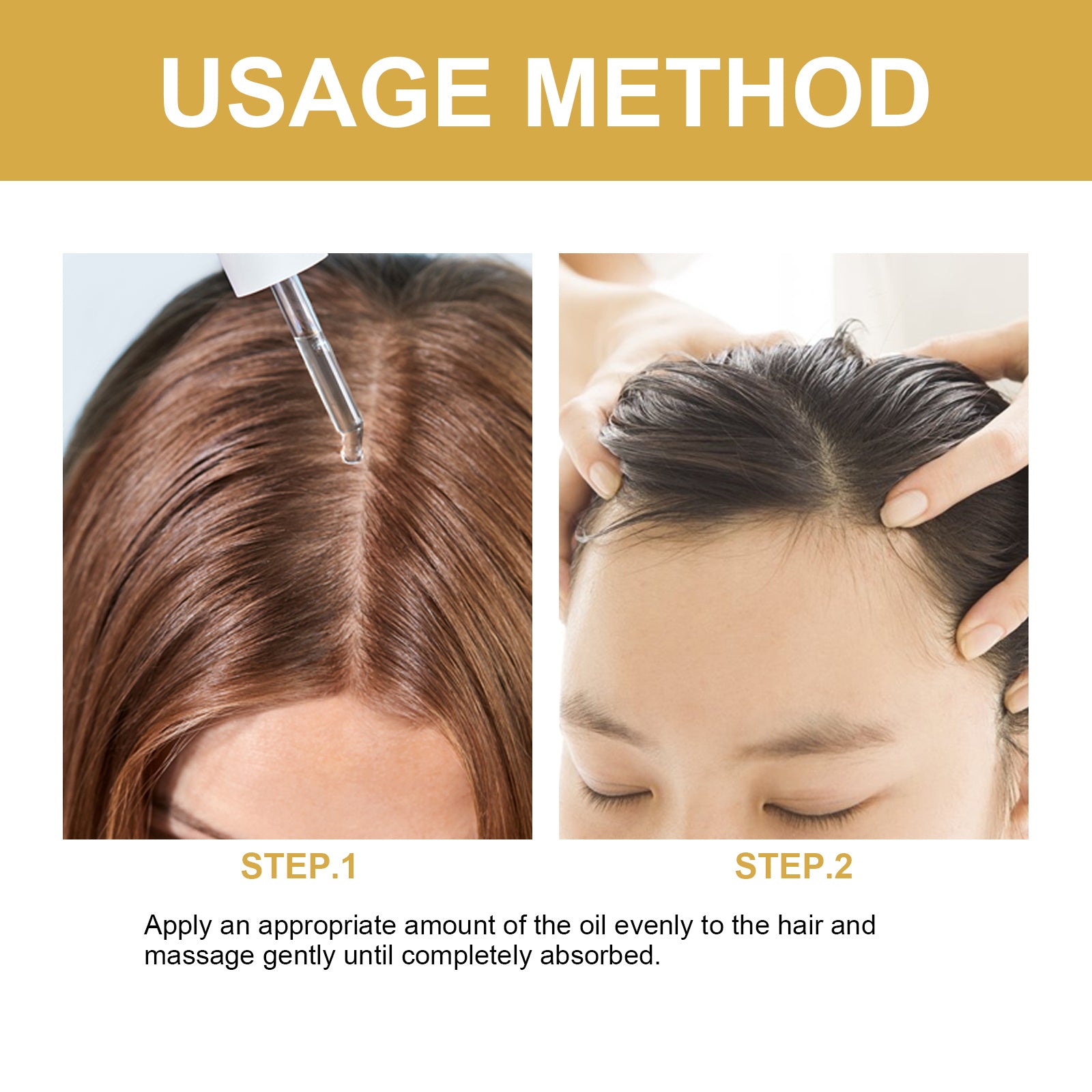 Application steps of scalp repair serum for hair loss showing oil dropper on scalp and scalp massage