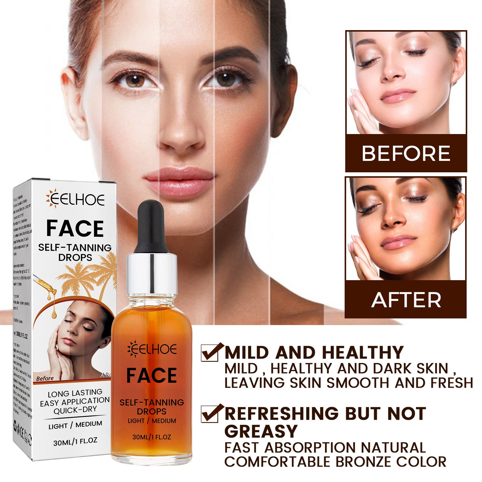 LUNIVA CARE USA sunless tanning serum for face with before and after results showing smooth, healthy tan