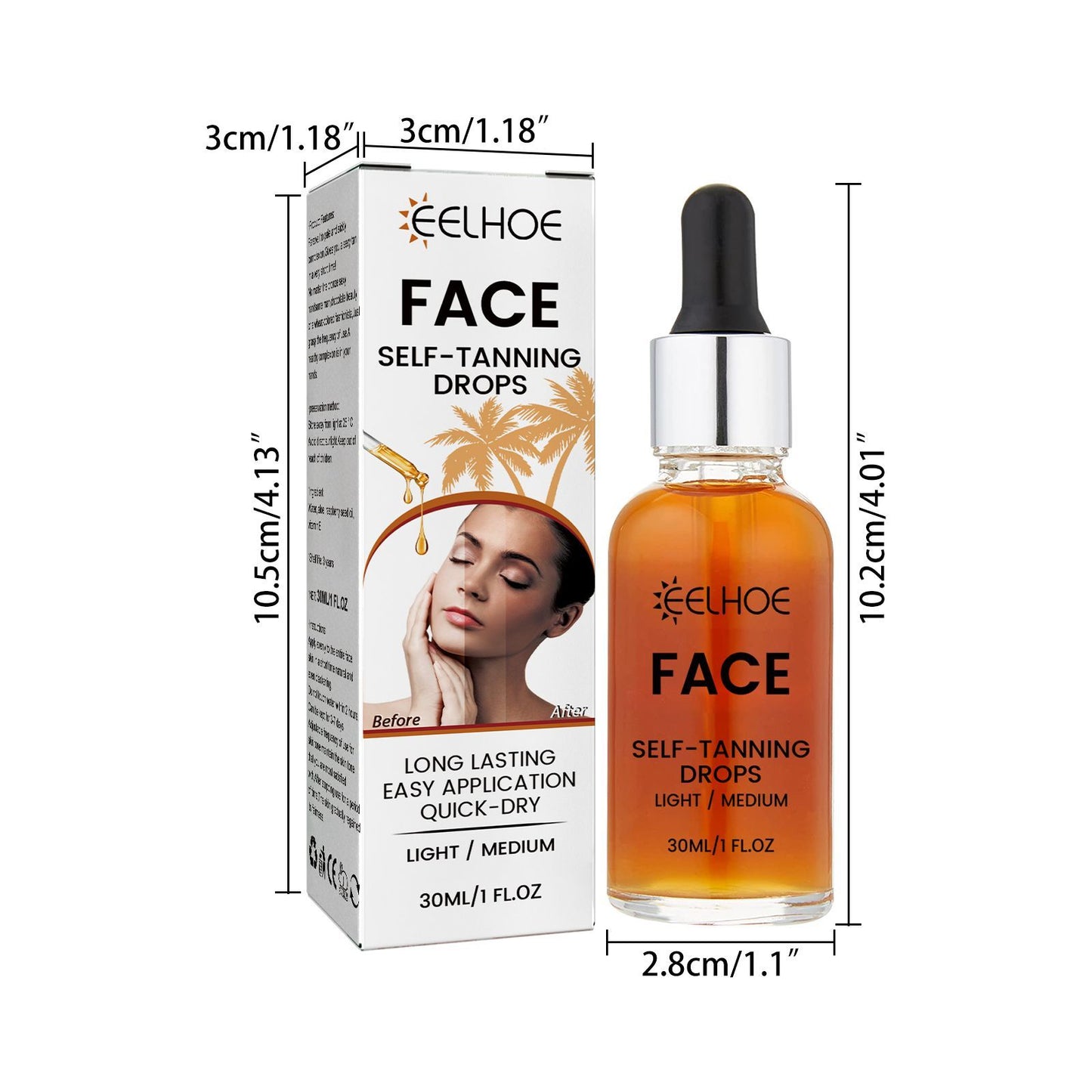 Luniva Care USA sunless tanning serum for face with self-tanning drops in 30ml bottle and packaging