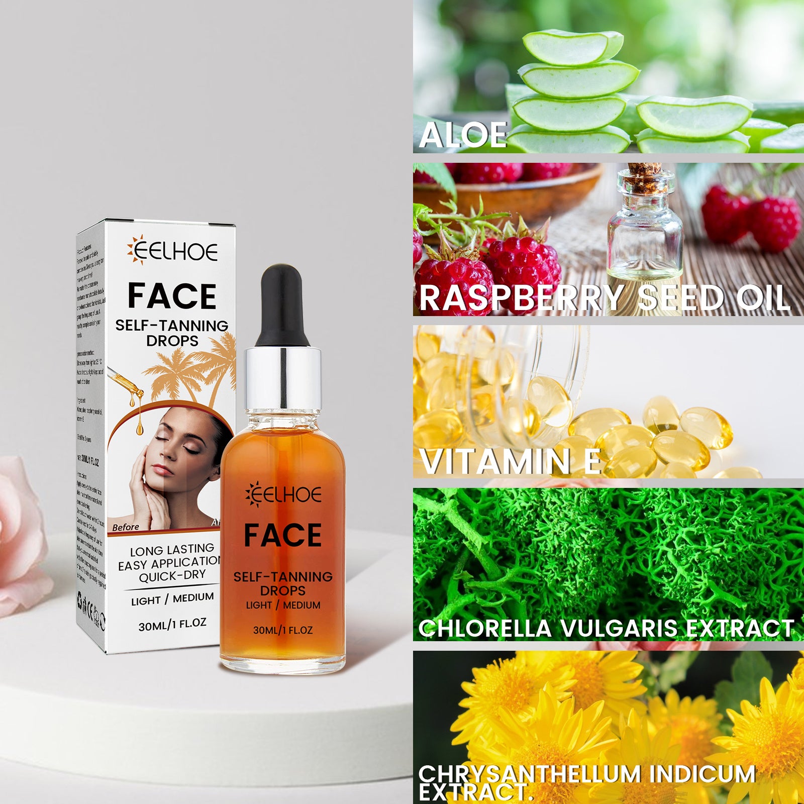 Luniva Care USA sunless tanning serum for face with aloe, raspberry seed oil, vitamin E, chlorella vulgaris extract, and chrysanthellum indicum extract