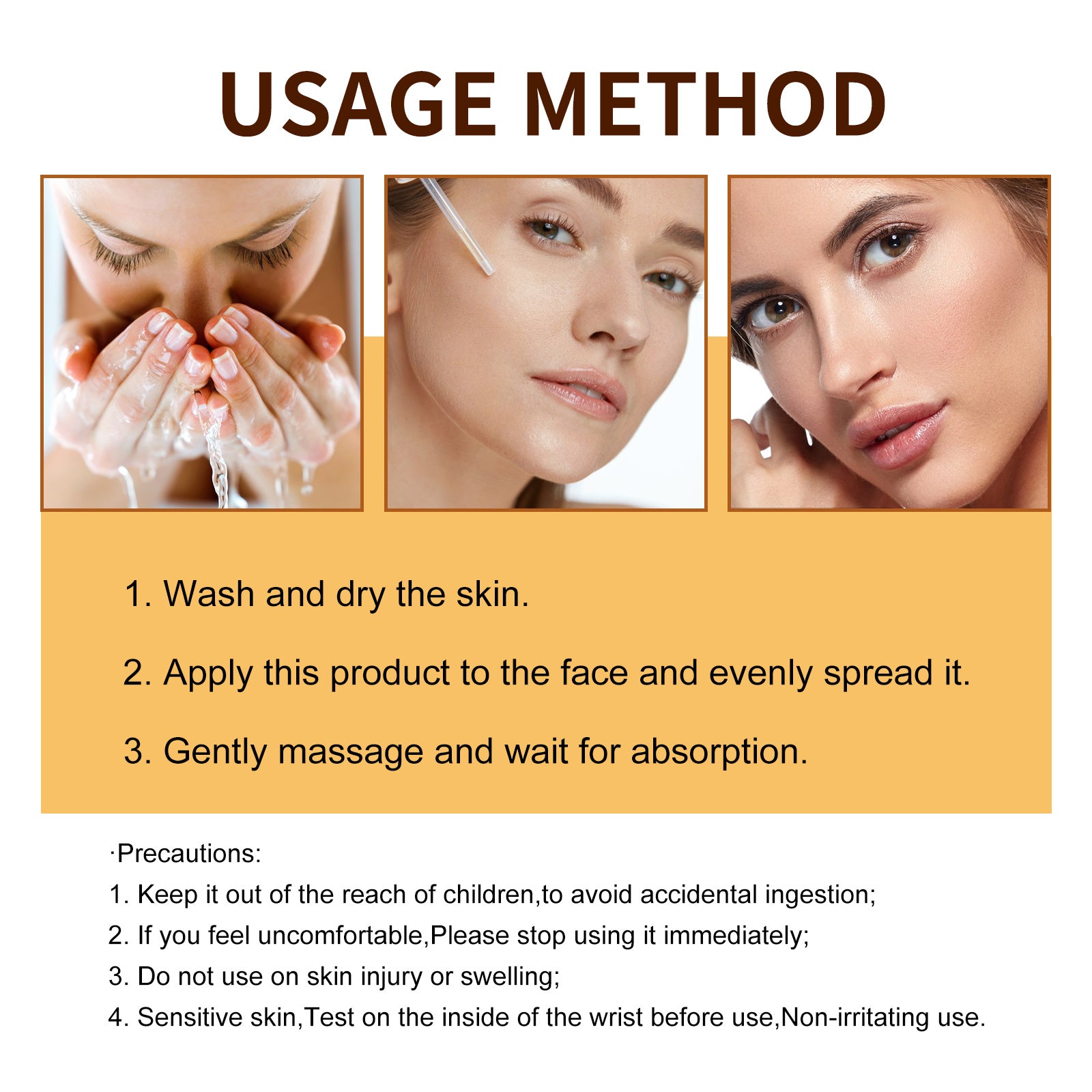 Usage method instructions for LUNIVA CARE USA sunless tanning serum for face with application and precautions