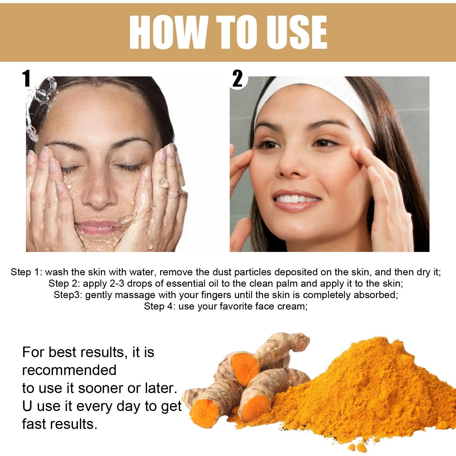 LUNIVA CARE USA turmeric serum for dark spots and acne scars with usage instructions and turmeric root and powder