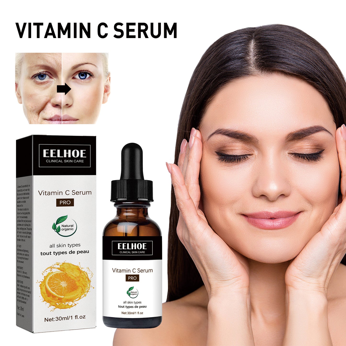 LUNIVA CARE USA vitamin c face serum for glowing skin with before and after results and smiling woman