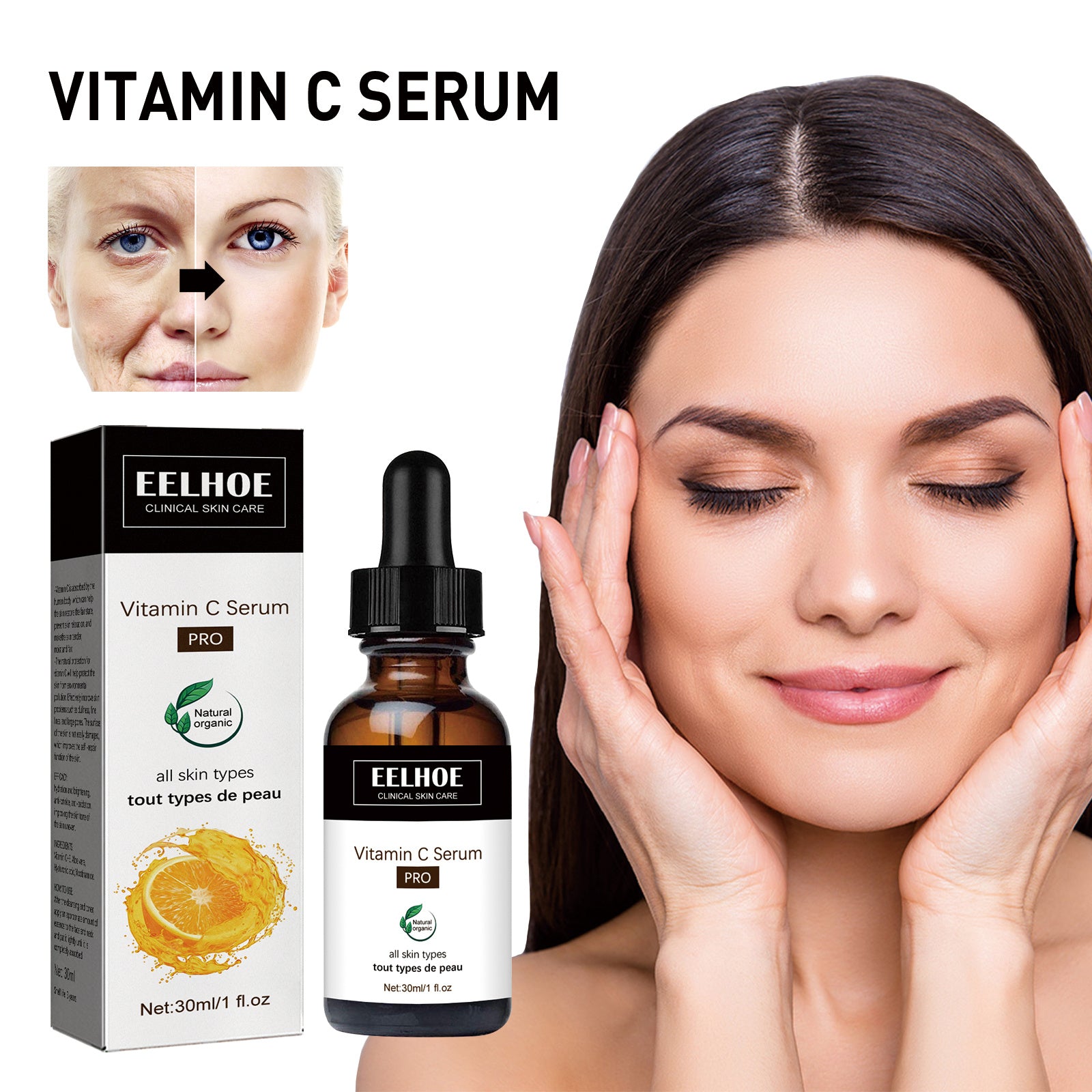 LUNIVA CARE USA vitamin c face serum for glowing skin with before and after results and smiling woman