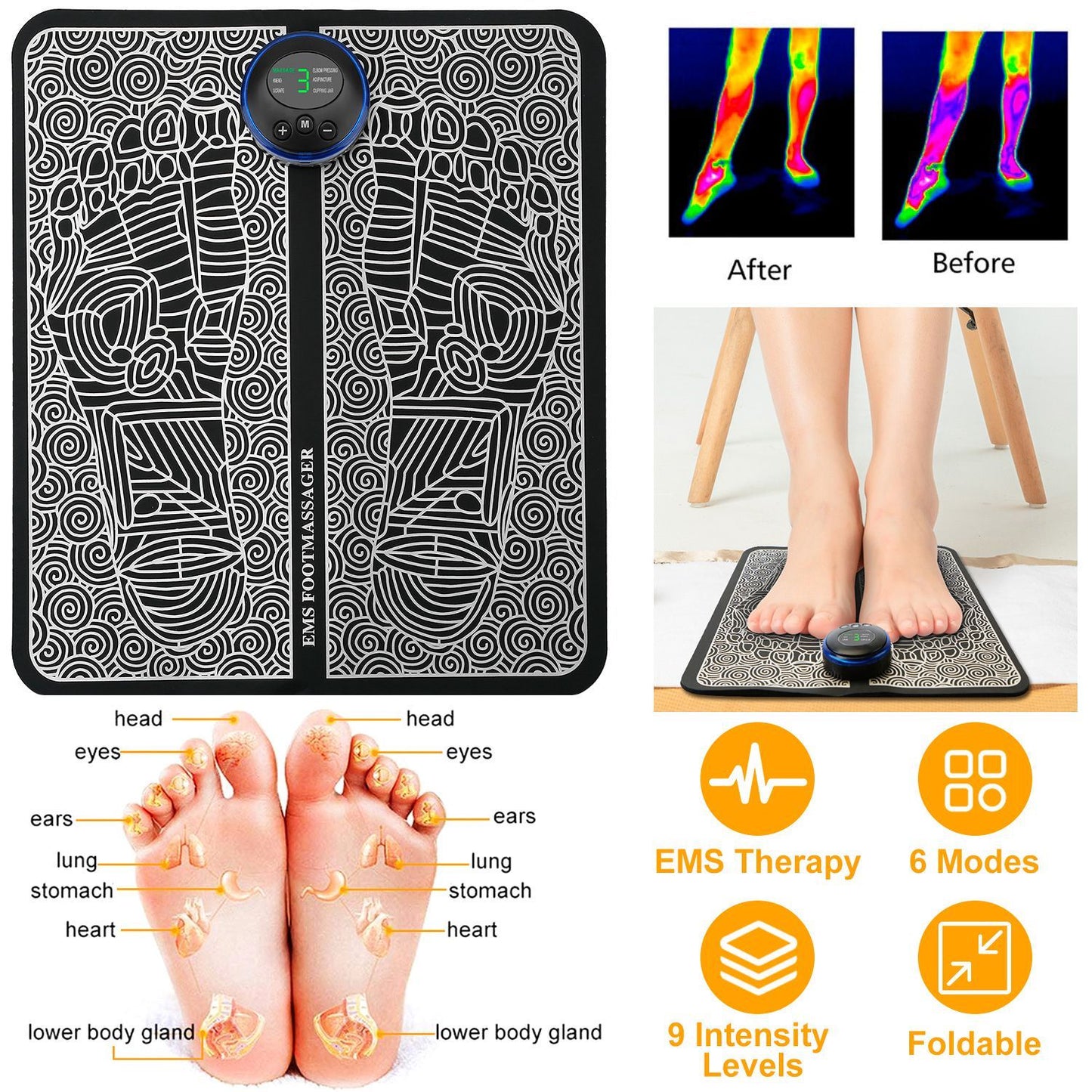 LUNIVA CARE USA electric foot massager for pain relief with EMS therapy, 6 modes, 9 intensity levels, foldable design
