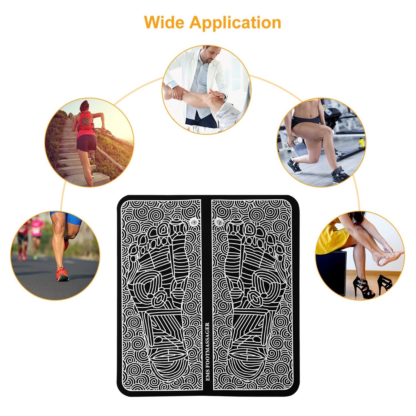 LUNIVA CARE USA electric foot massager for pain relief showing EMS massage pad with foot design and wide application for athletes and therapy