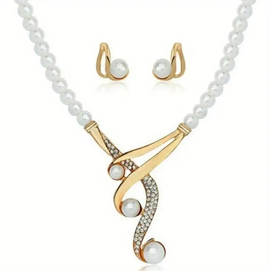 LUNIVA CARE USA elegant pearl jewelry for women with gold-tone and crystal necklace and matching pearl earrings