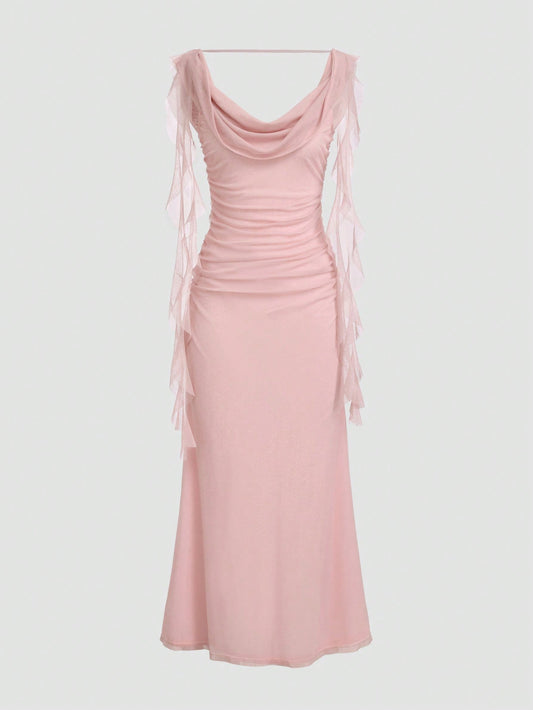 Pink ruched elegant wedding guest dress with sheer ruffle sleeves and draped neckline