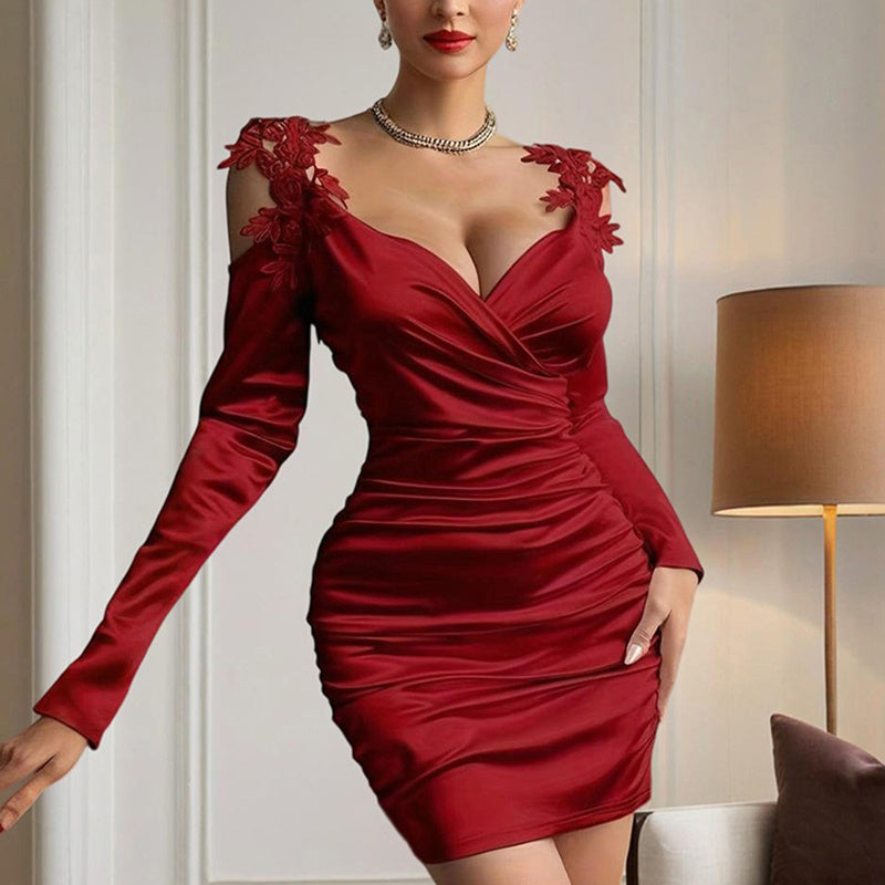 Elegant red women's V-neck lace sheath dress with long sleeves and floral lace details on shoulders
