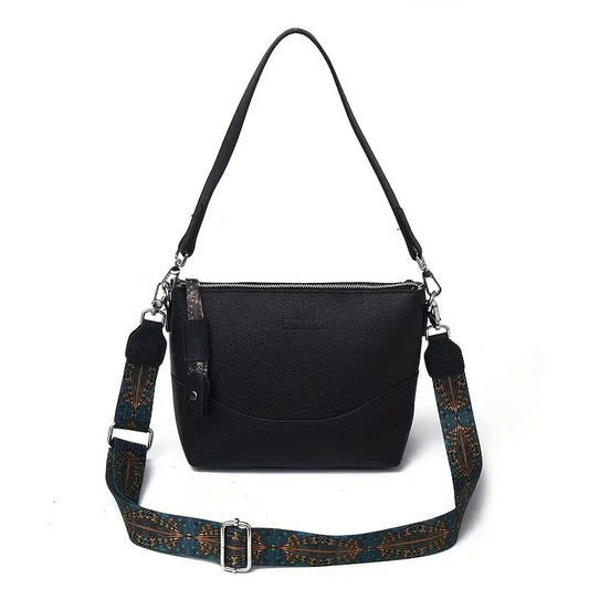 LUNIVA CARE USA ethnic embroidery shoulder bag in black with adjustable patterned strap