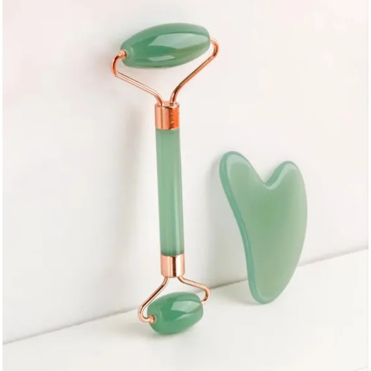LUNIVA CARE USA green jade facial massage tool for glowing skin with roller and gua sha stone