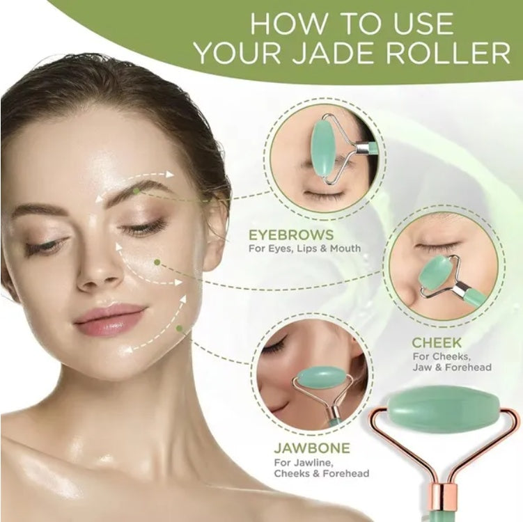 LUNIVA CARE USA facial massage tool for glowing skin using jade roller on eyebrows cheek and jawbone
