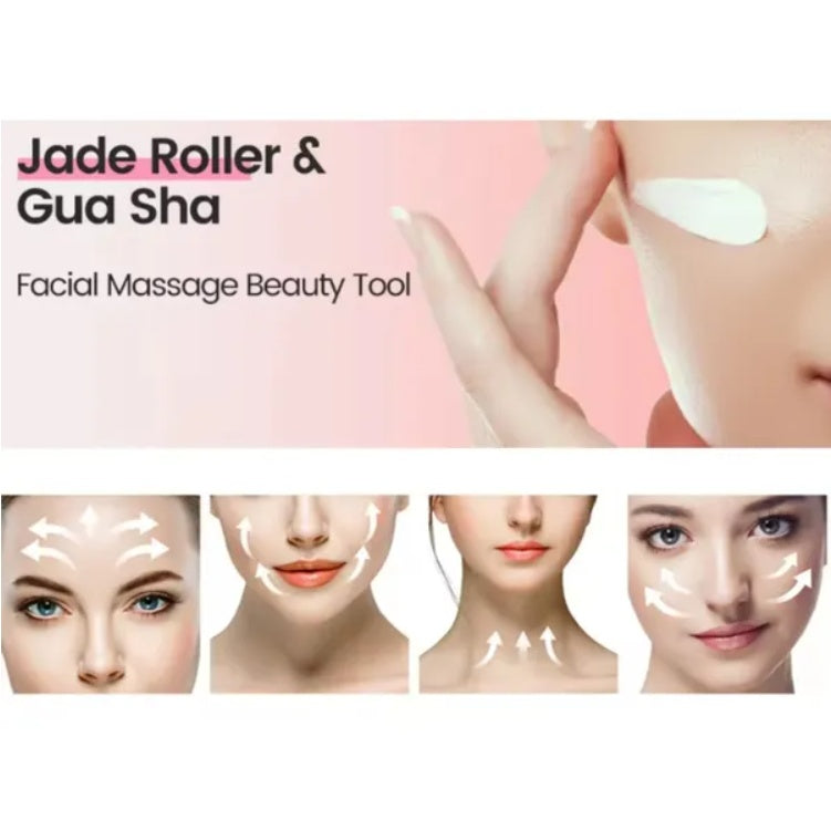 LUNIVA CARE USA facial massage tool for glowing skin showing jade roller and gua sha with application steps