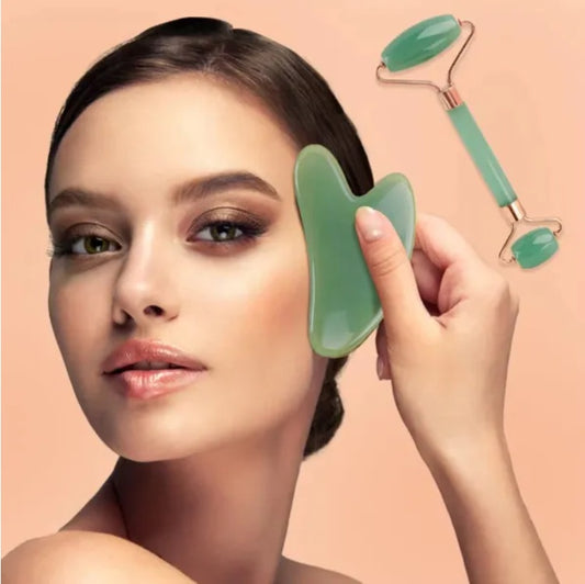 LUNIVA CARE USA facial massage tool for glowing skin using green jade Gua Sha scraper and roller
