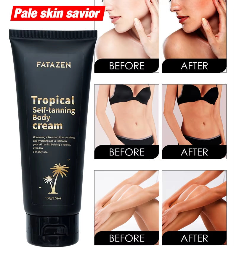 Fatazen Tropical Self-tanning Body Cream with before and after results showing glowing skin hydrating tanning lotion for women