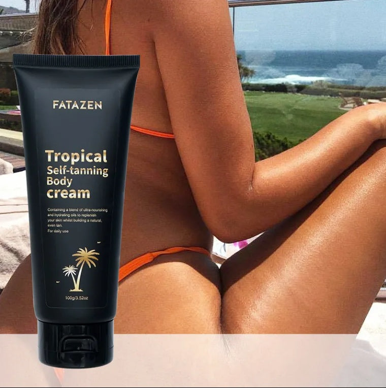 LUNIVA CARE USA hydrating tanning lotion for women with tropical self-tanning body cream next to tanned woman in orange bikini