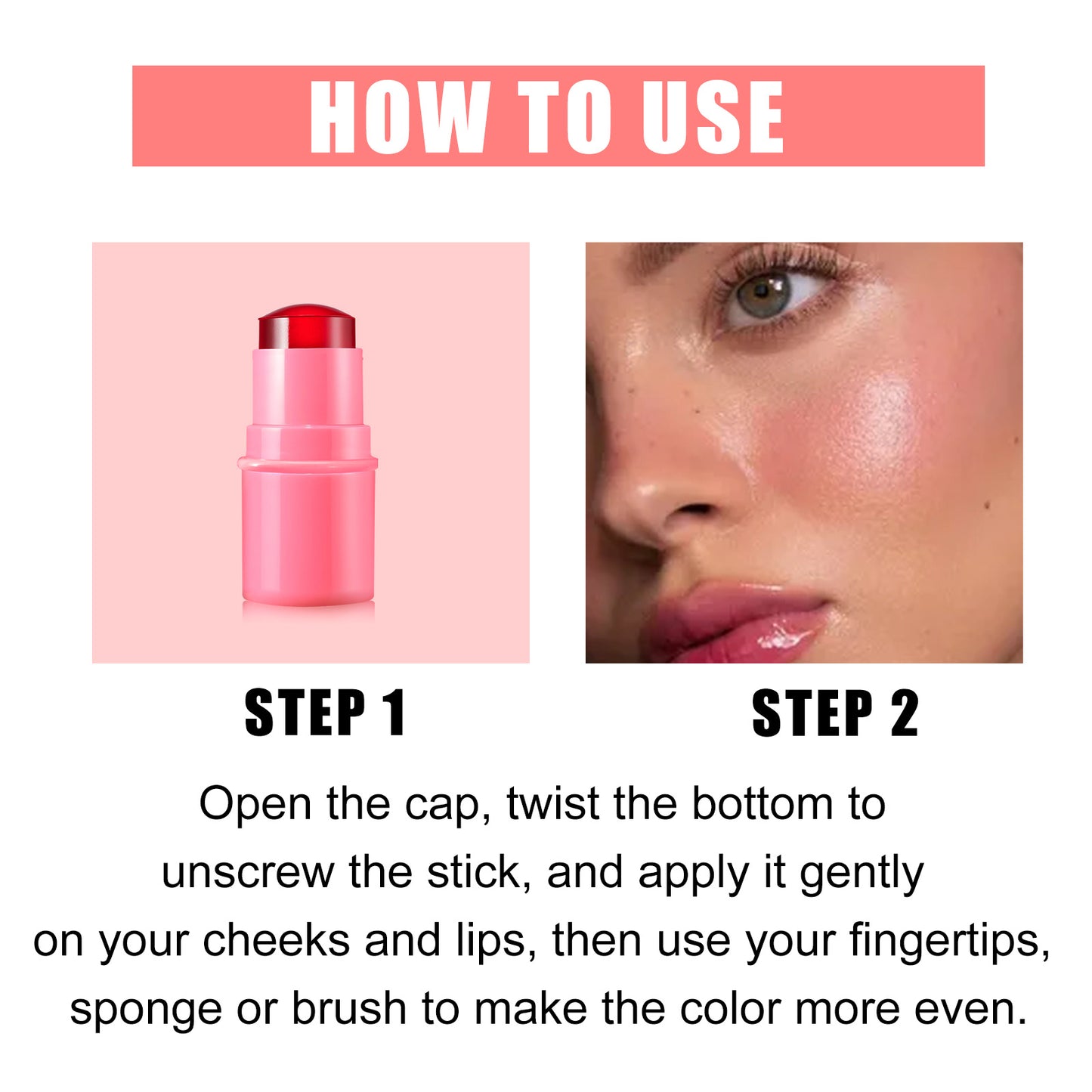 Luniva Care USA skin-toning blush for natural look showing application steps on cheeks and lips