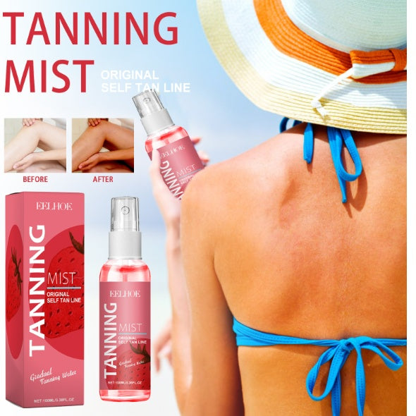 Luniva Care USA strawberry tanning mist bottle with before and after self tan results on legs