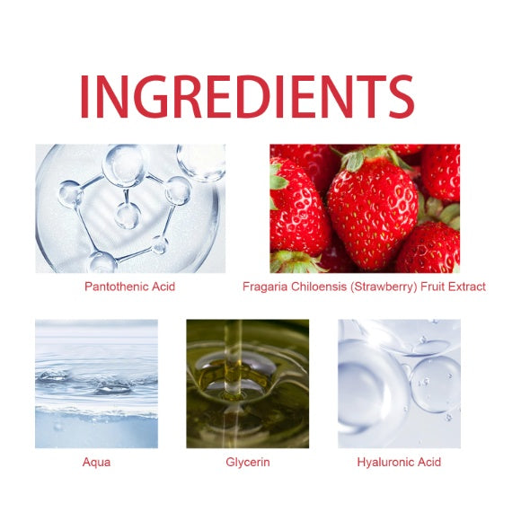 Ingredients of LUNIVA CARE USA strawberry tanning mist including Pantothenic Acid, Strawberry Fruit Extract, Aqua, Glycerin, and Hyaluronic Acid