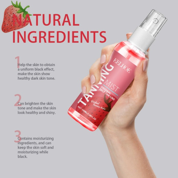 Hand holding LUNIVA CARE USA strawberry tanning mist spray bottle with natural ingredients text