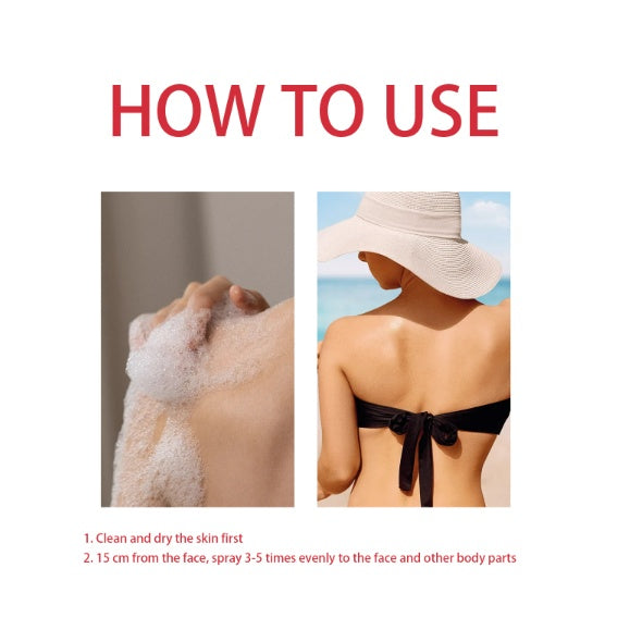 Instructions for using strawberry tanning mist showing washing skin and applying mist on back by LUNIVA CARE USA