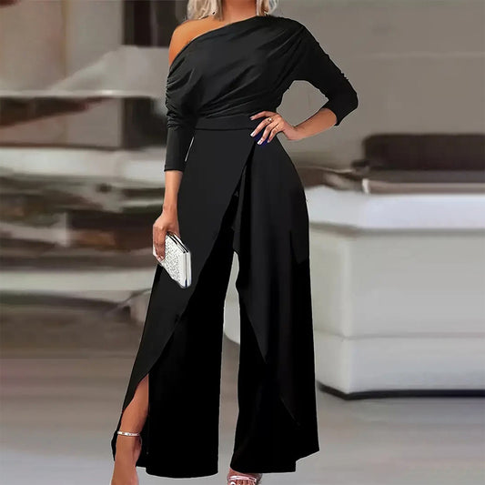 Black formal party jumpsuit with pants slit featuring one-shoulder design and wide-leg pants